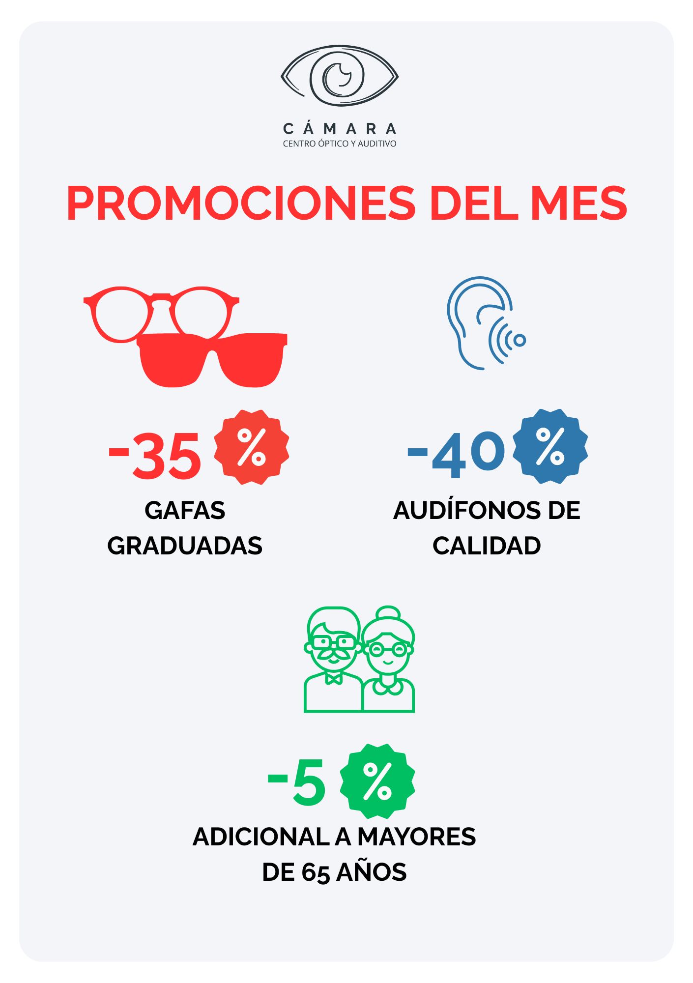 Promociones Cámara Centro Óptico y Auditivo Montecarmelo. 35% de descuento en gafas graduadas, 40% de descuento en audífonos Oticon y 5% adicional para mayores de 65 años.